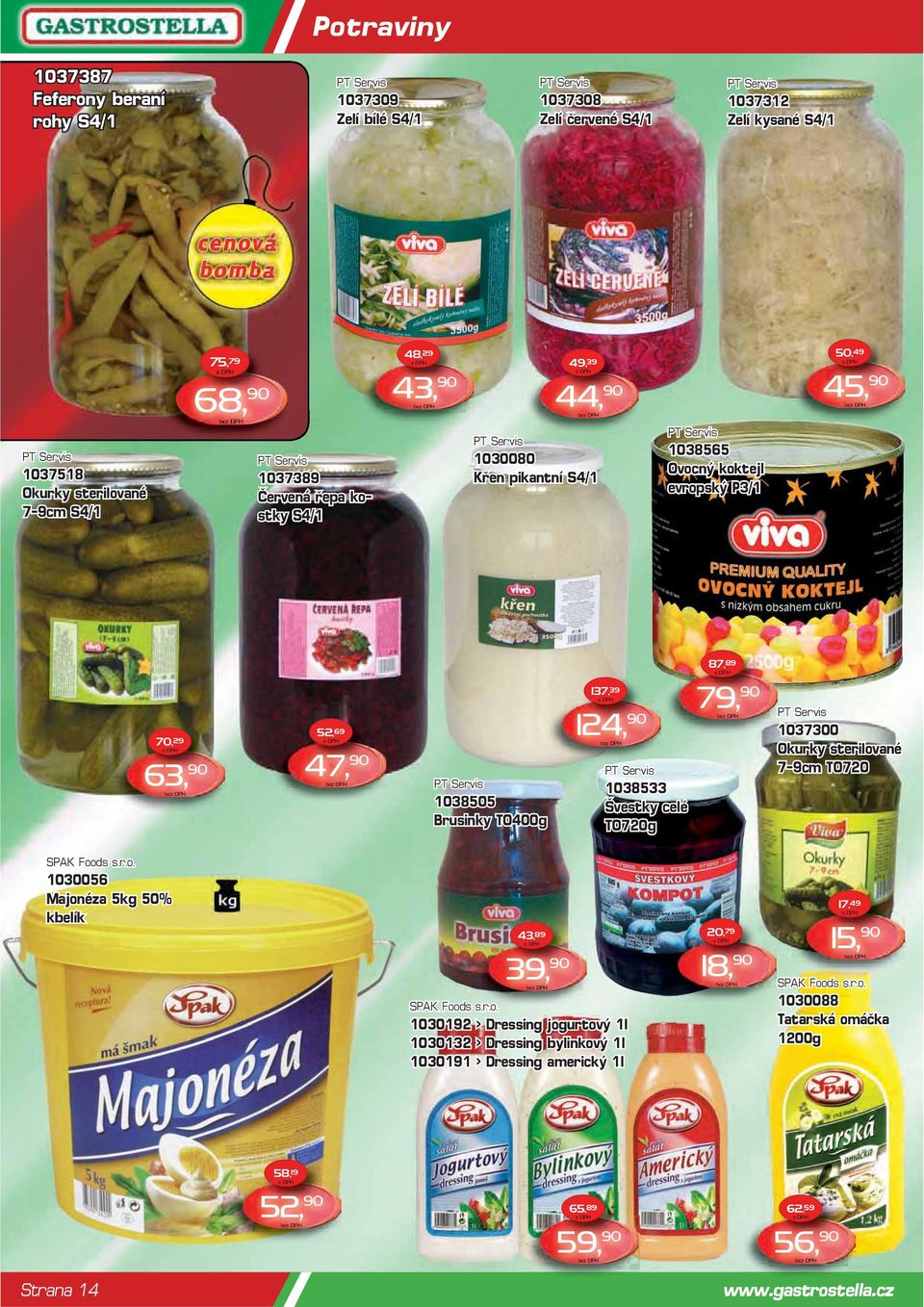 90 52, 69 47, 90 PT Servis 1038505 Brusinky TO400g 137, 39 124, 90 PT Servis 1038533 Švestky celé TO720g 79, 90 PT Servis 1037300 Okurky sterilované 7-9cm TO720 SPAK Foods s.r.o. 1030056 Majonéza 5kg 50% kbelík SPAK Foods s.