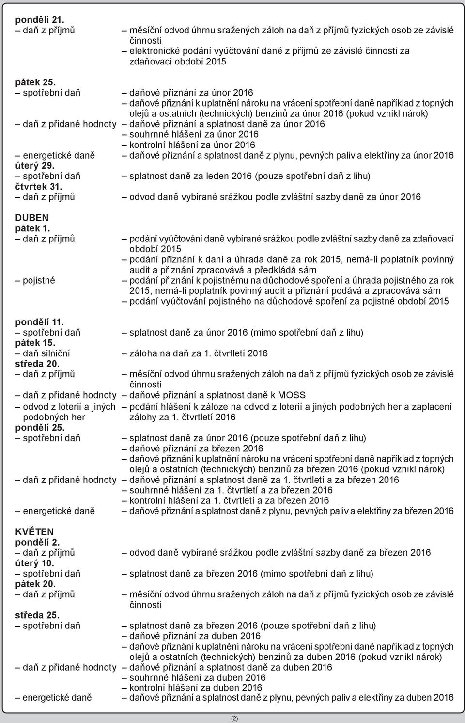 hlášení za únor 2016 kontrolní hlášení za únor 2016 energetické daně daňové přiznání a splatnost daně z plynu, pevných paliv a elektřiny za únor 2016 úterý 29.