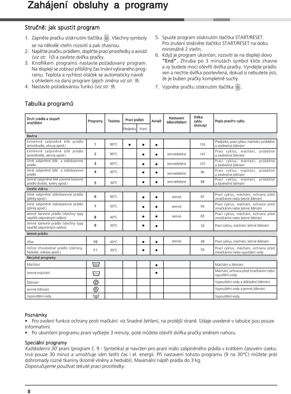 Na displeji se zobrazí přibližný čas trvání vybraného programu. Teplota a rychlost otáček se automaticky navolí s ohledem na daný program (jejich změna viz str. 9). 4.
