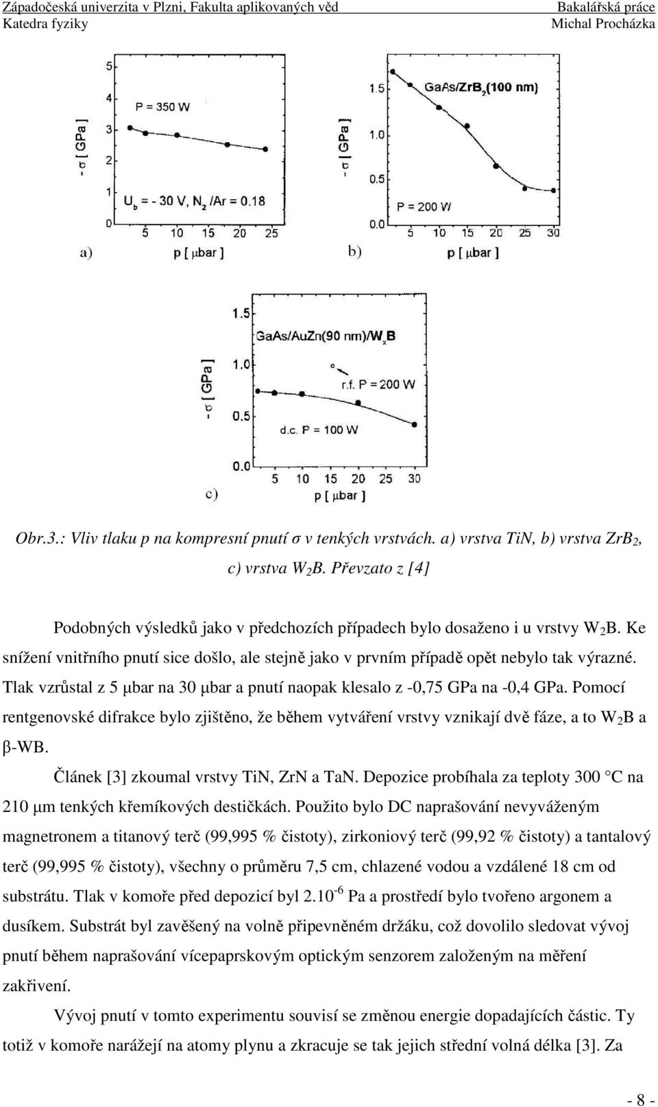 Tlak vzrůstal z 5 µbar na 30 µbar a pnutí naopak klesalo z -0,75 GPa na -0,4 GPa. Pomocí rentgenovské difrakce bylo zjištěno, že během vytváření vrstvy vznikají dvě fáze, a to W 2 B a β-wb.