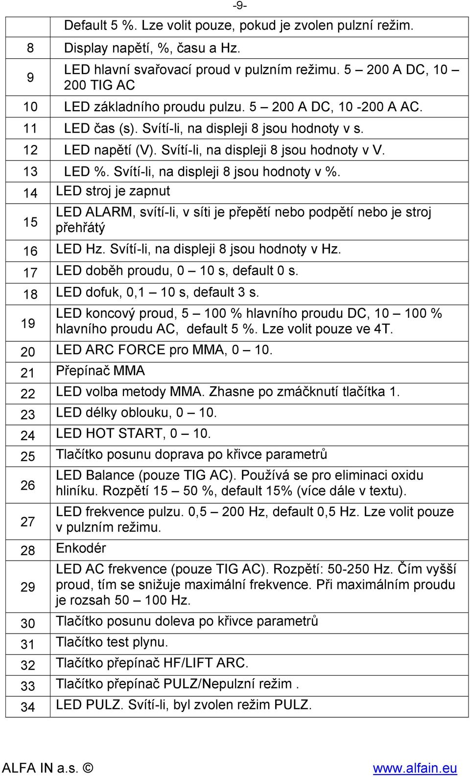 14 LED stroj je zapnut 15 LED ALARM, svítí-li, v síti je přepětí nebo podpětí nebo je stroj přehřátý 16 LED Hz. Svítí-li, na displeji 8 jsou hodnoty v Hz. 17 LED doběh proudu, 0 10 s, default 0 s.