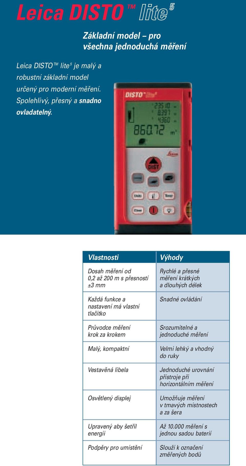 Průvodce měření krok za krokem Malý, kompaktní Vestavěná libela Osvětlený displej Upravený aby šetřil energii Podpěry pro umístění Výhody Rychlé a přesné měření krátkých a dlouhých délek
