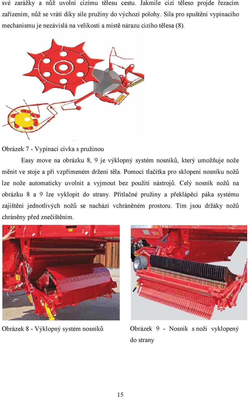 Obrázek 7 - Vypínací cívka s pružinou Easy move na obrázku 8, 9 je výklopný systém nosníků, který umožňuje nože měnit ve stoje a při vzpřímeném držení těla.