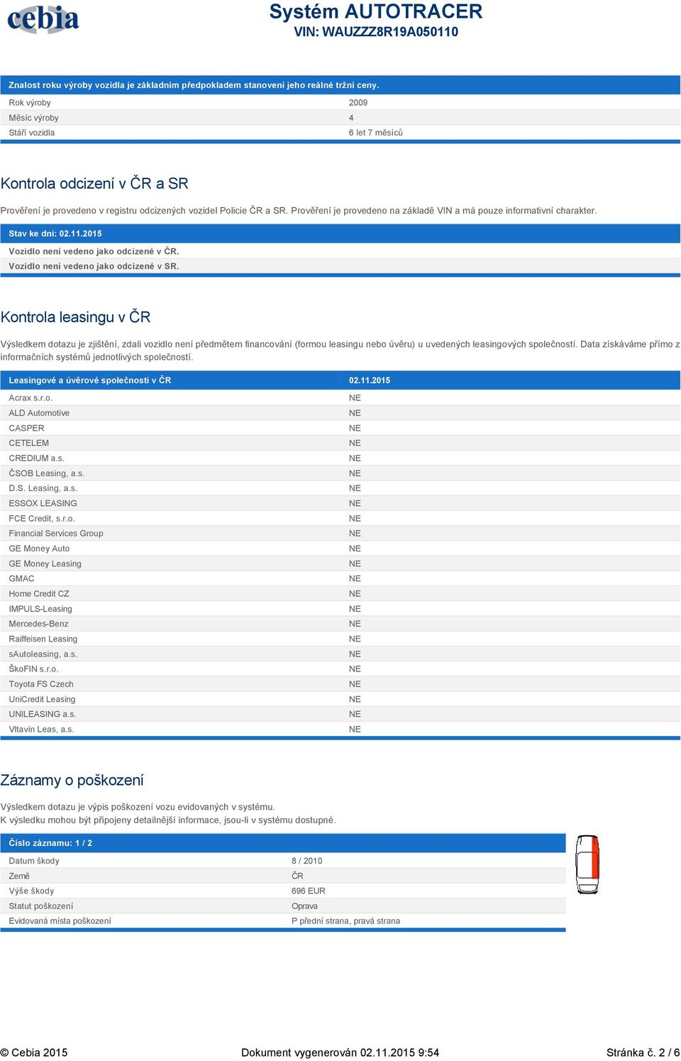 Prověření je provedeno na základě VIN a má pouze informativní charakter. Stav ke dni: 02.11.2015 Vozidlo není vedeno jako odcizené v ČR. Vozidlo není vedeno jako odcizené v SR.