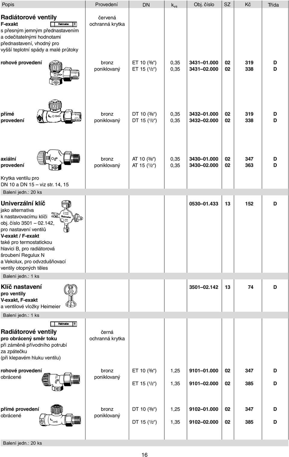 provedení bronz poniklovaný ET 10 ( 3 /8 ) 0,35 ET 15 ( 1 /2 ) 0,35 343101.000 02 319 D 343102.000 02 338 D přímé provedení bronz poniklovaný DT 10 ( 3 /8 ) 0,35 DT 15 ( 1 /2 ) 0,35 343201.