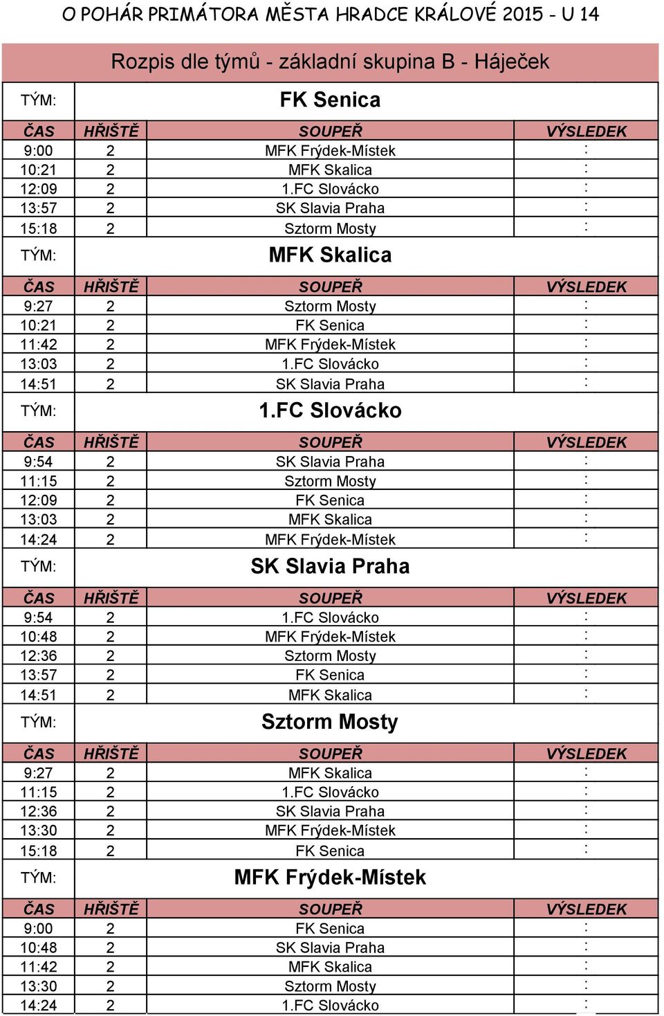 FC Slovácko 9:54 2 SK Slavia Praha : 11:15 2 Sztorm Mosty : 12:09 2 FK Senica : 13:03 2 MFK Skalica : 14:24 2 MFK Frýdek-Místek : SK Slavia Praha 9:54 2 1.