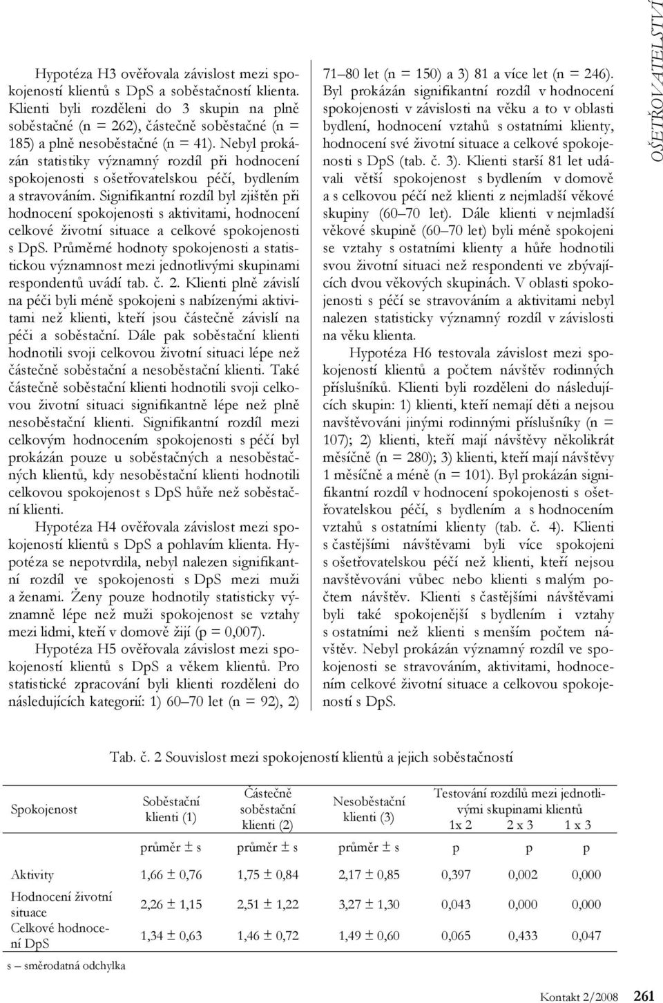Nebyl prokázán statistiky významný rozdíl při hodnocení spokojenosti s ošetřovatelskou péčí, bydlením a stravováním.
