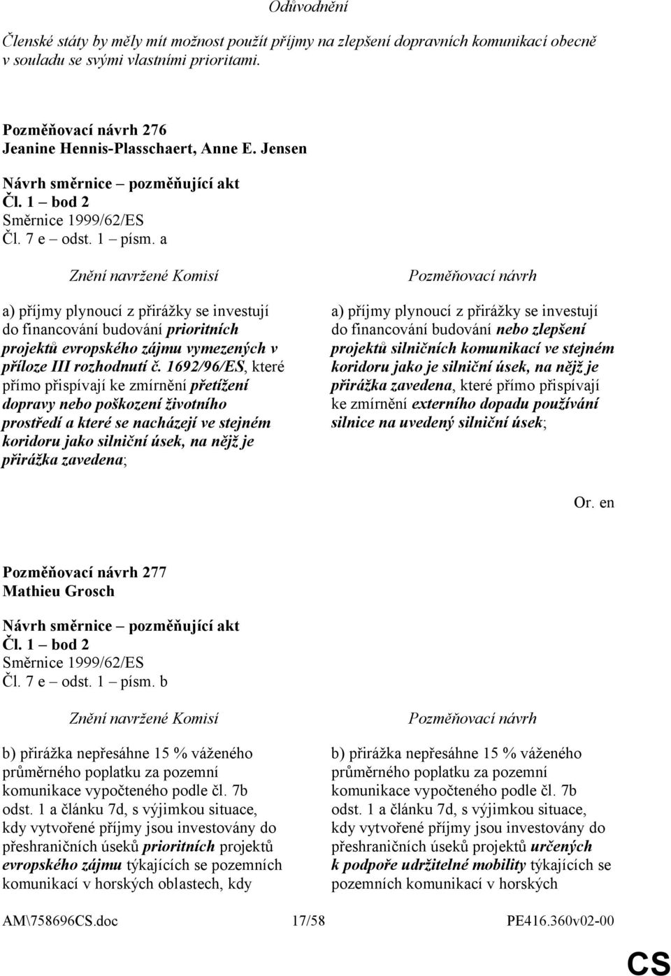 1692/96/ES, které přímo přispívají ke zmírnění přetížení dopravy nebo poškození životního prostředí a které se nacházejí ve stejném koridoru jako silniční úsek, na nějž je přirážka zavedena; a)