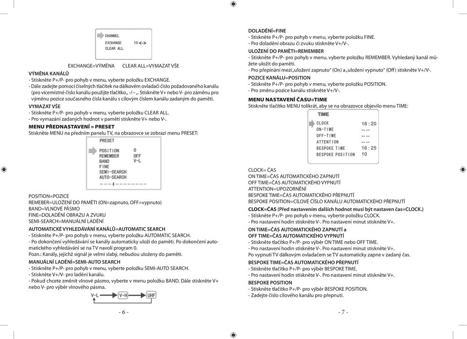 Stiskněte V+ nebo V- pro záměnu pro výměnu pozice současného čísla kanálu s cílovým číslem kanálu zadaným do paměti. VYMAZAT VŠE - Stiskněte P+/P- pro pohyb v menu, vyberte položku CLEAR ALL.