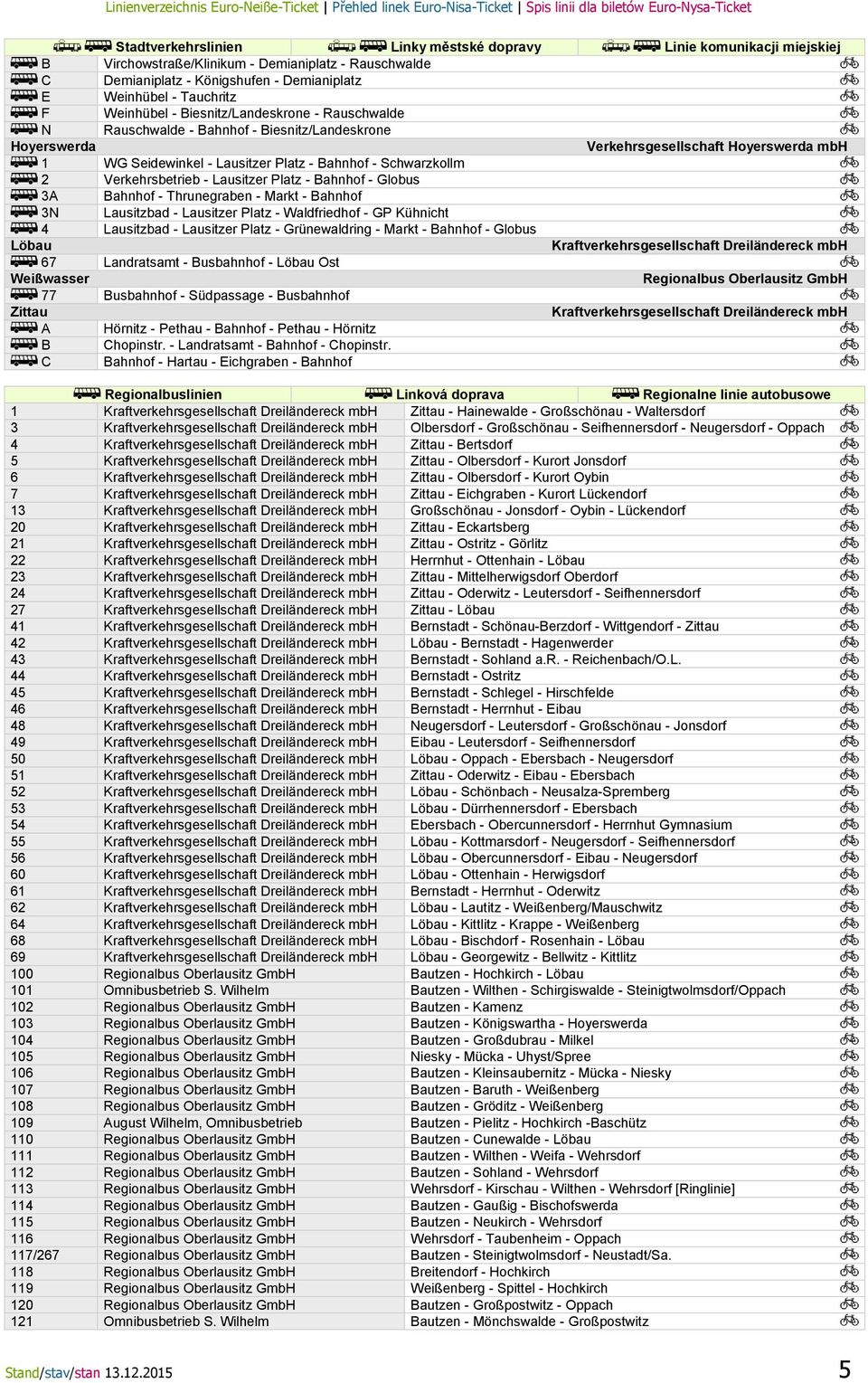 Schwarzkollm 2 Verkehrsbetrieb - Lausitzer Platz - Bahnhof - Globus 3A Bahnhof - Thrunegraben - Markt - Bahnhof 3N Lausitzbad - Lausitzer Platz - Waldfriedhof - GP Kühnicht 4 Lausitzbad - Lausitzer