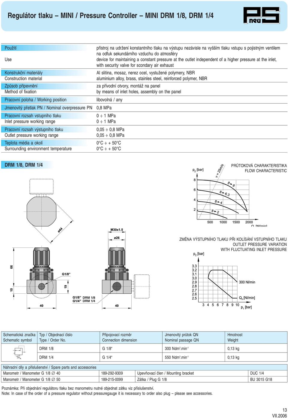 média a okolí 0 C + 50 C Surrounding environment temperature 0 C + 50 C DRM 1/8, DRM 1/4 DRM 1/8 DRM 1/4 DRM 1/8 G 1/8 300 Ndm 3.min -1 0,13 kg DRM 1/4 G 1/4 550 Ndm 3.