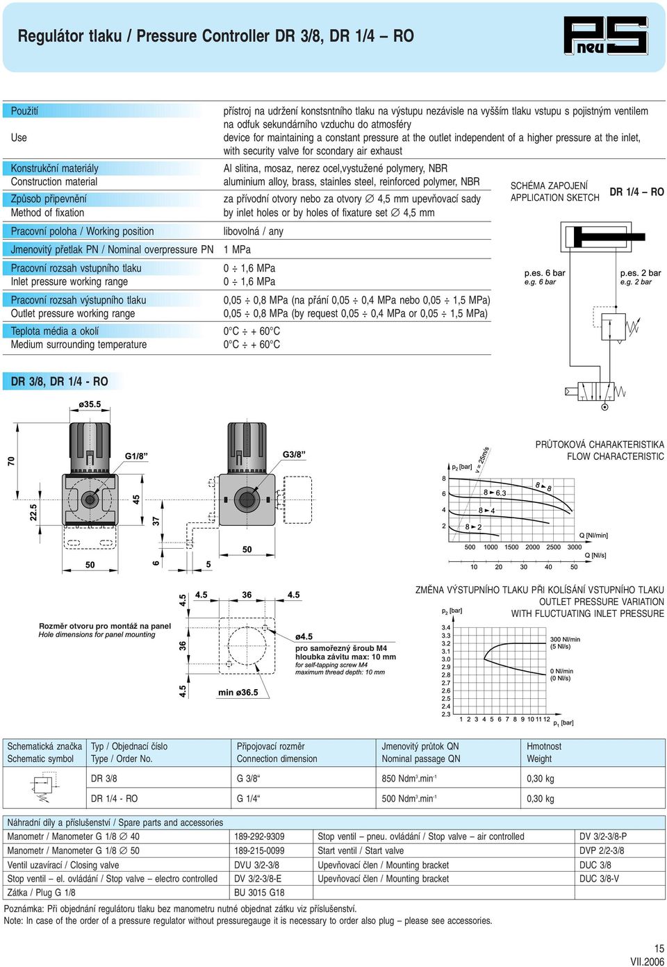 MPa nebo 0,05 1,5 MPa) 0,05 0,8 MPa (by request 0,05 0,4 MPa or 0,05 1,5 MPa) Teplota média a okolí 0 C + 60 C Medium surrounding temperature 0 C + 60 C DR 3/8, DR 1/4 - RO Rozmûr otvoru pro montáï