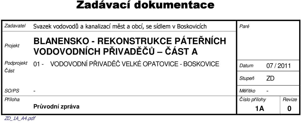 VODOVODNÍCH PŘIVADĚČŮ ČÁST A 01 - VODOVODNÍ PŘIVADĚČ VELKÉ OPATOVICE - BOSKOVICE Datum