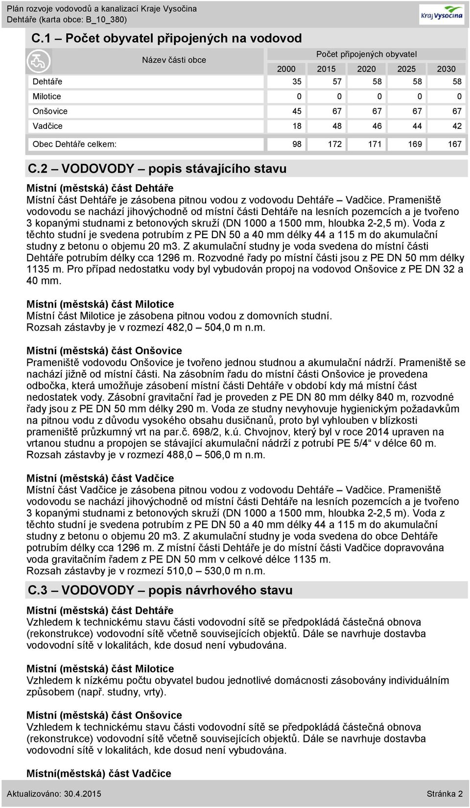 Prameniště vodovodu se nachází jihovýchodně od místní části Dehtáře na lesních pozemcích a je tvořeno 3 kopanými studnami z betonových skruží (DN 1000 a 1500 mm, hloubka 2-2,5 m).