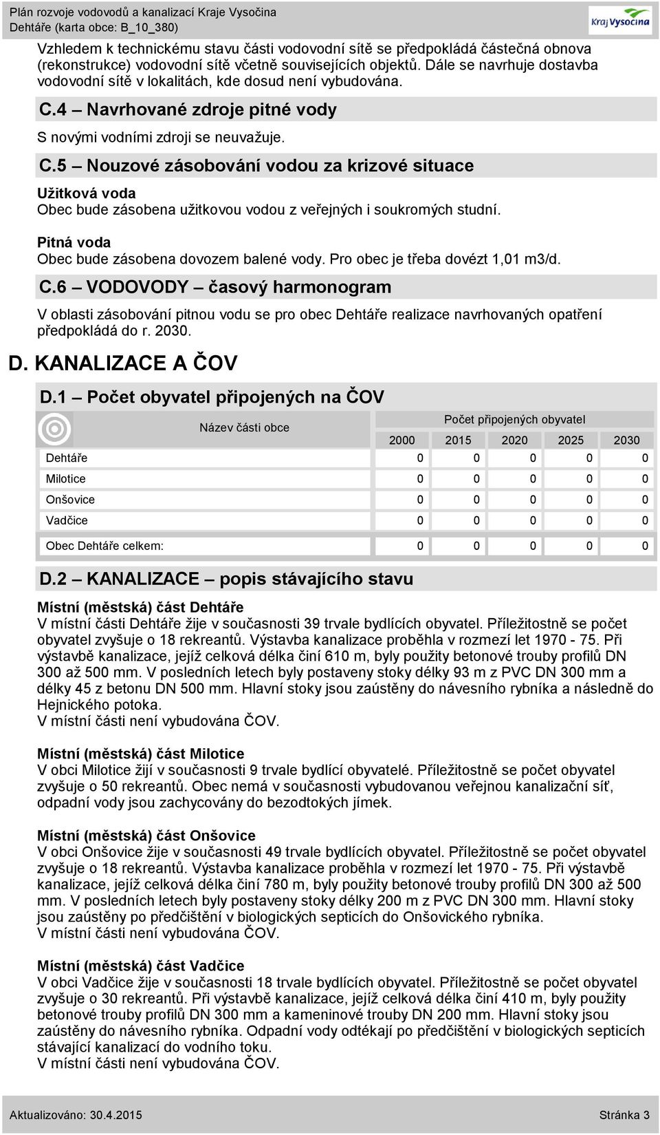 4 Navrhované zdroje pitné vody S novými vodními zdroji se neuvažuje. C.5 Nouzové zásobování vodou za krizové situace Užitková voda Obec bude zásobena užitkovou vodou z veřejných i soukromých studní.