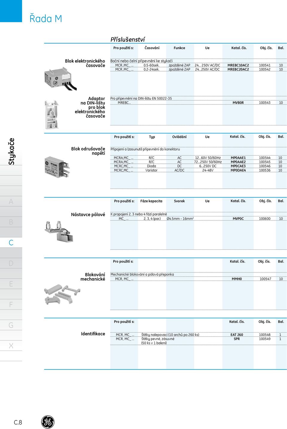 Typ Ovládání Ue Připojení a (zasunutí) připevnění do konektoru Katal čís Obj čís al MR,M_ R/ 1260V 50/60Hz MP01 100544 10 MR,M_ R/ 72250V 50/60Hz MP02 100545 10 MR,M_ ioda 6250V MP03 100546 10 MR,M_