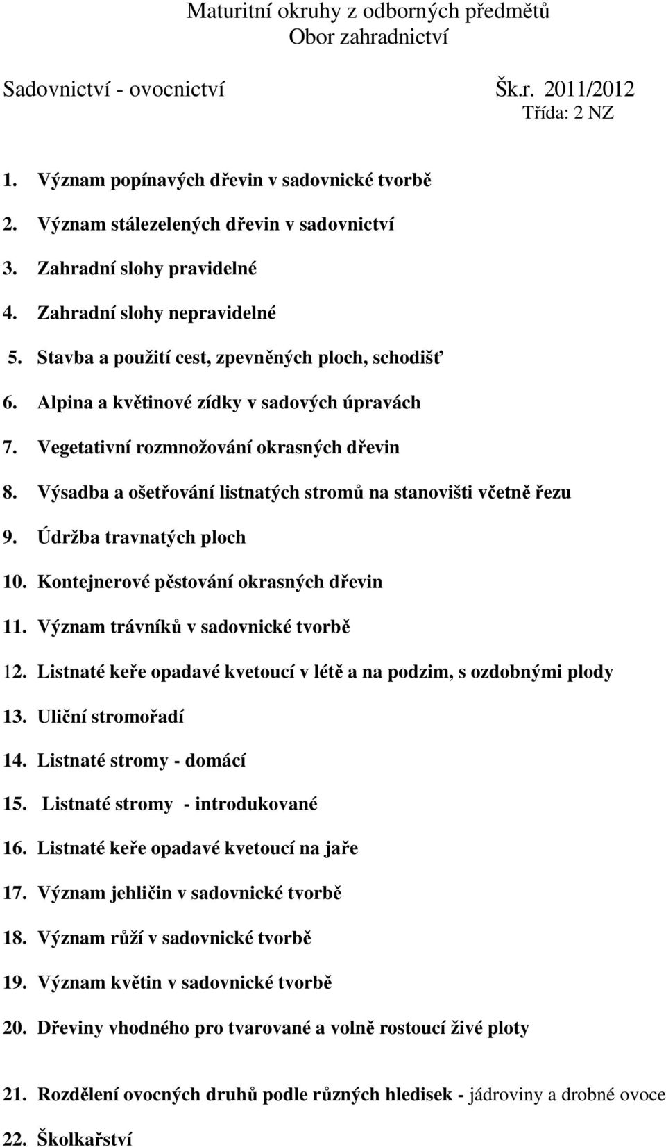 Alpina a květinové zídky v sadových úpravách 7. Vegetativní rozmnožování okrasných dřevin 8. Výsadba a ošetřování listnatých stromů na stanovišti včetně řezu 9. Údržba travnatých ploch 10.