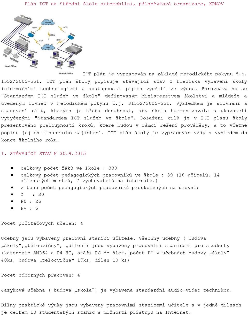 Porovnává ho se "Standardem ICT služeb ve škole" definovaným Ministerstvem školství a mládeže a uvedeným rovněž v metodickém pokynu č.j. 31552/2005-551.