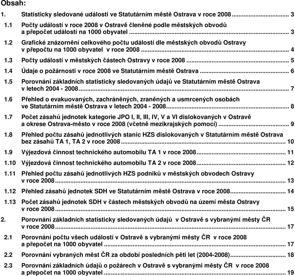 4 Údaje o požárnosti v roce 2008 ve Statutárním městě Ostrava... 6 1.5 Porovnání základních statisticky sledovaných údajů ve Statutárním městě Ostrava v letech 2004-2008... 7 1.
