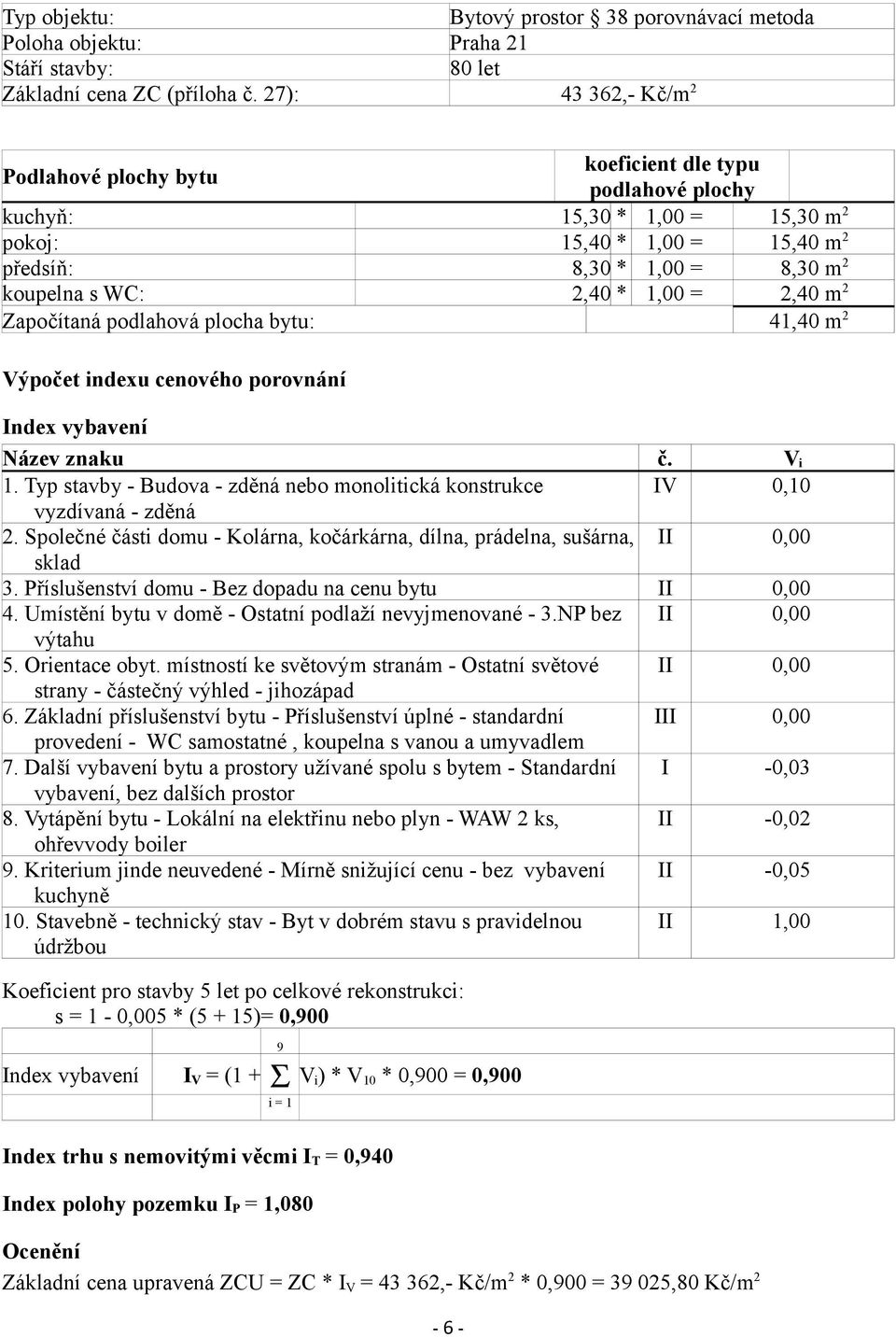 1,00 = 2,40 m 2 Započítaná podlahová plocha bytu: 41,40 m 2 Výpočet indexu cenového porovnání Index vybavení Název znaku č. V i 1.