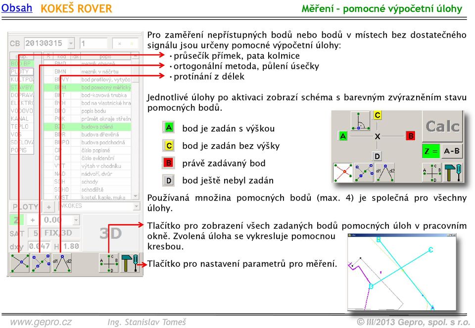 bod je zadán s výškou bod je zadán bez výšky právě zadávaný bod bod ještě nebyl zadán Používaná množina pomocných bodů (max. 4) je společná pro všechny úlohy.
