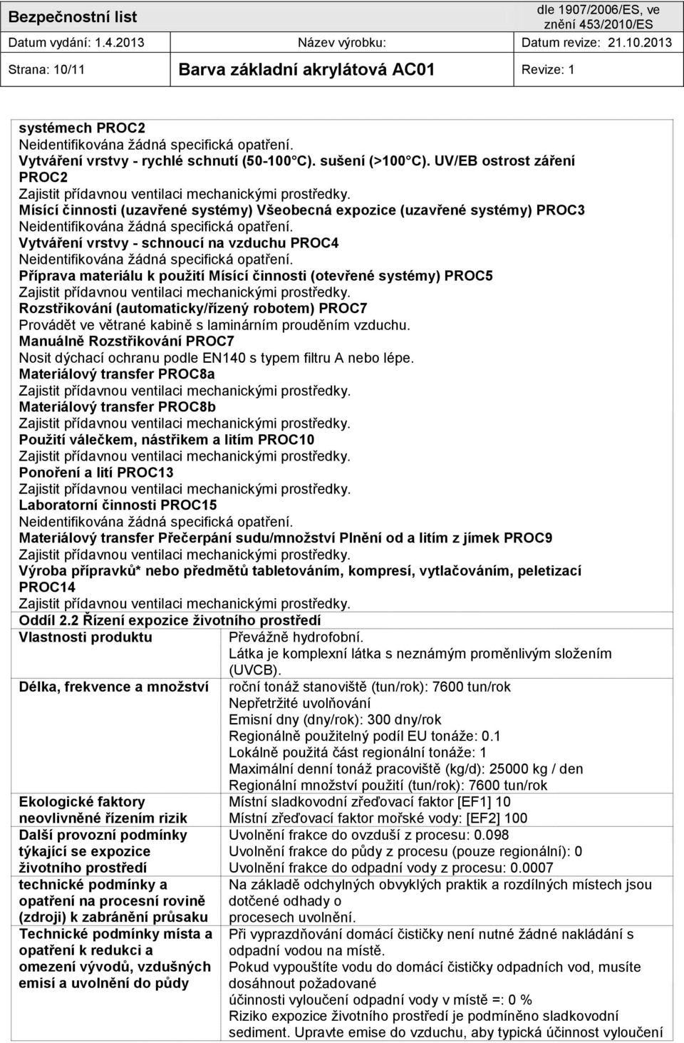 Vytváření vrstvy - schnoucí na vzduchu PROC4 Neidentifikována žádná specifická opatření.