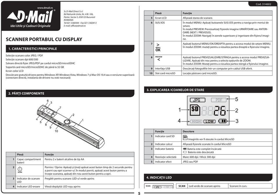 Caracteristici PRINCIPALE Selecţie scanare color JPEG / PDF Selecție scanare dpi 600/300 Salvare directă fișier JPEG/PDF pe cardul microsd/microsdhc Soportă card microsd/microsdhc de până la 32 GB