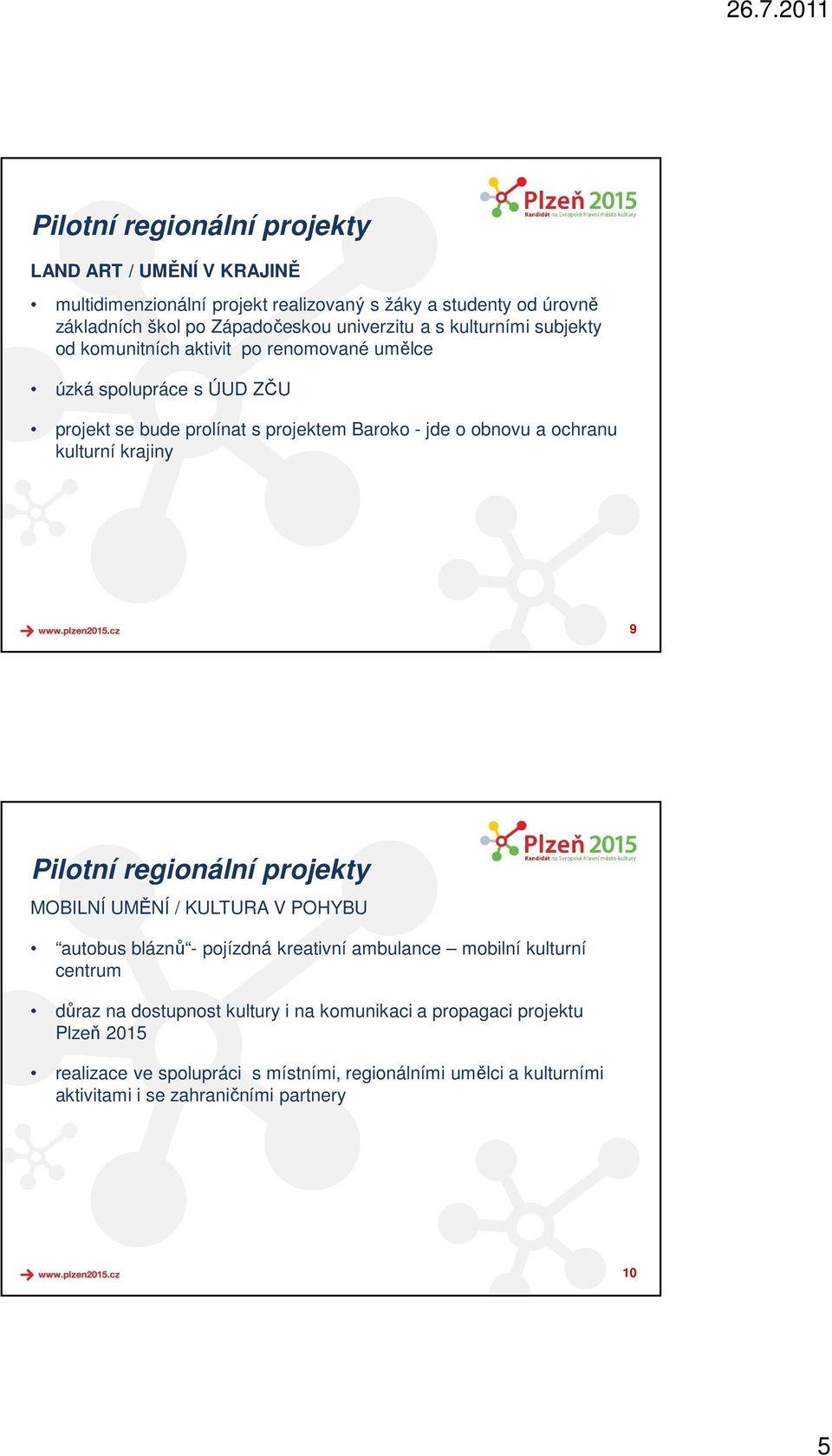 kulturní krajiny 9 Pilotní regionální projekty MOBILNÍ UMĚNÍ / KULTURA V POHYBU autobus bláznů - pojízdná kreativní ambulance mobilní kulturní centrum důraz na