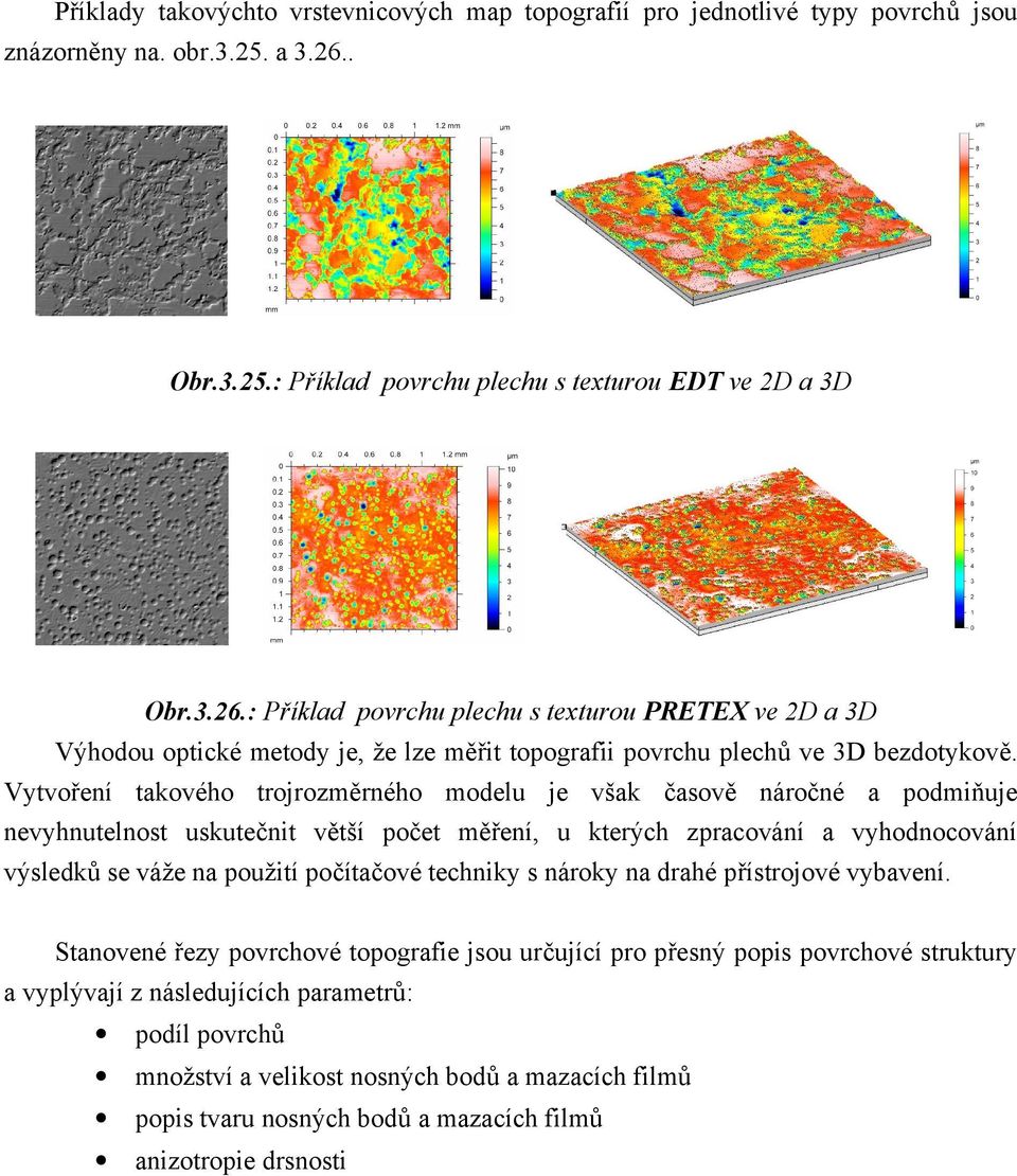 : Příklad povrchu plechu s texturou PRETEX ve 2D a 3D Výhodou optické metody je, že lze měřit topografii povrchu plechů ve 3D bezdotykově.