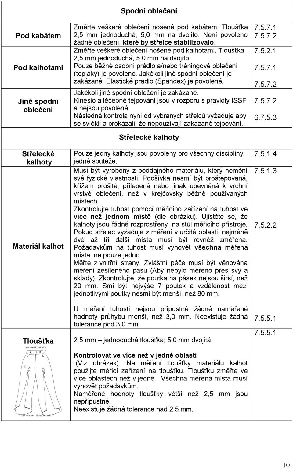 Pouze běžné osobní prádlo a/nebo tréningové oblečení (tepláky) je povoleno. Jakékoli jiné spodní oblečení je zakázané. Elastické prádlo (Spandex) je povolené.