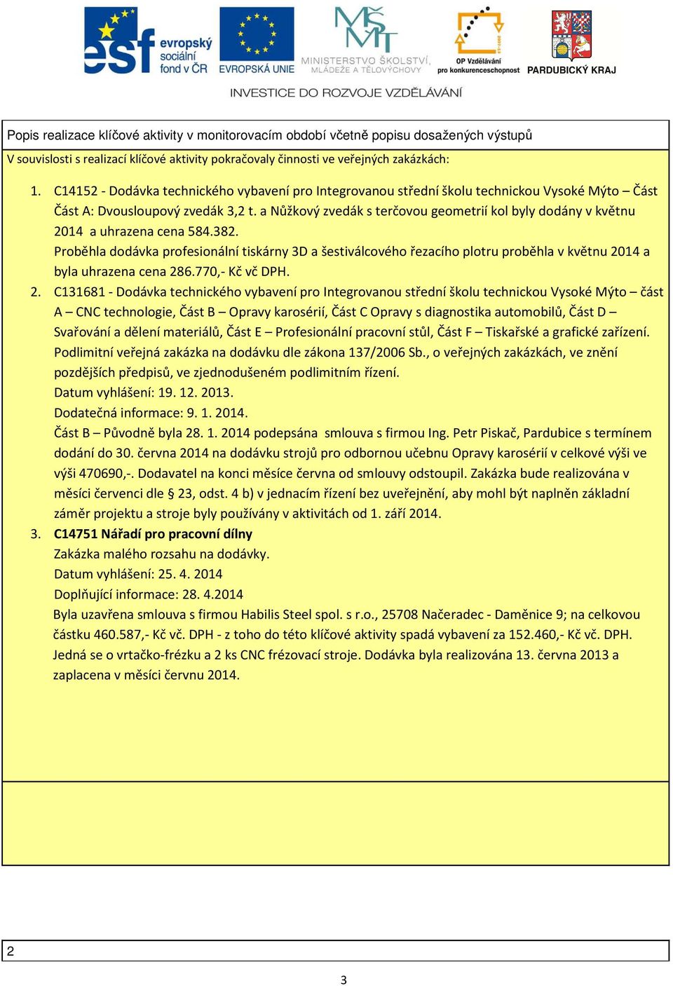 a Nůžkový zvedák s terčovou geometrií kol byly dodány v květnu 2014 a uhrazena cena 584.382.