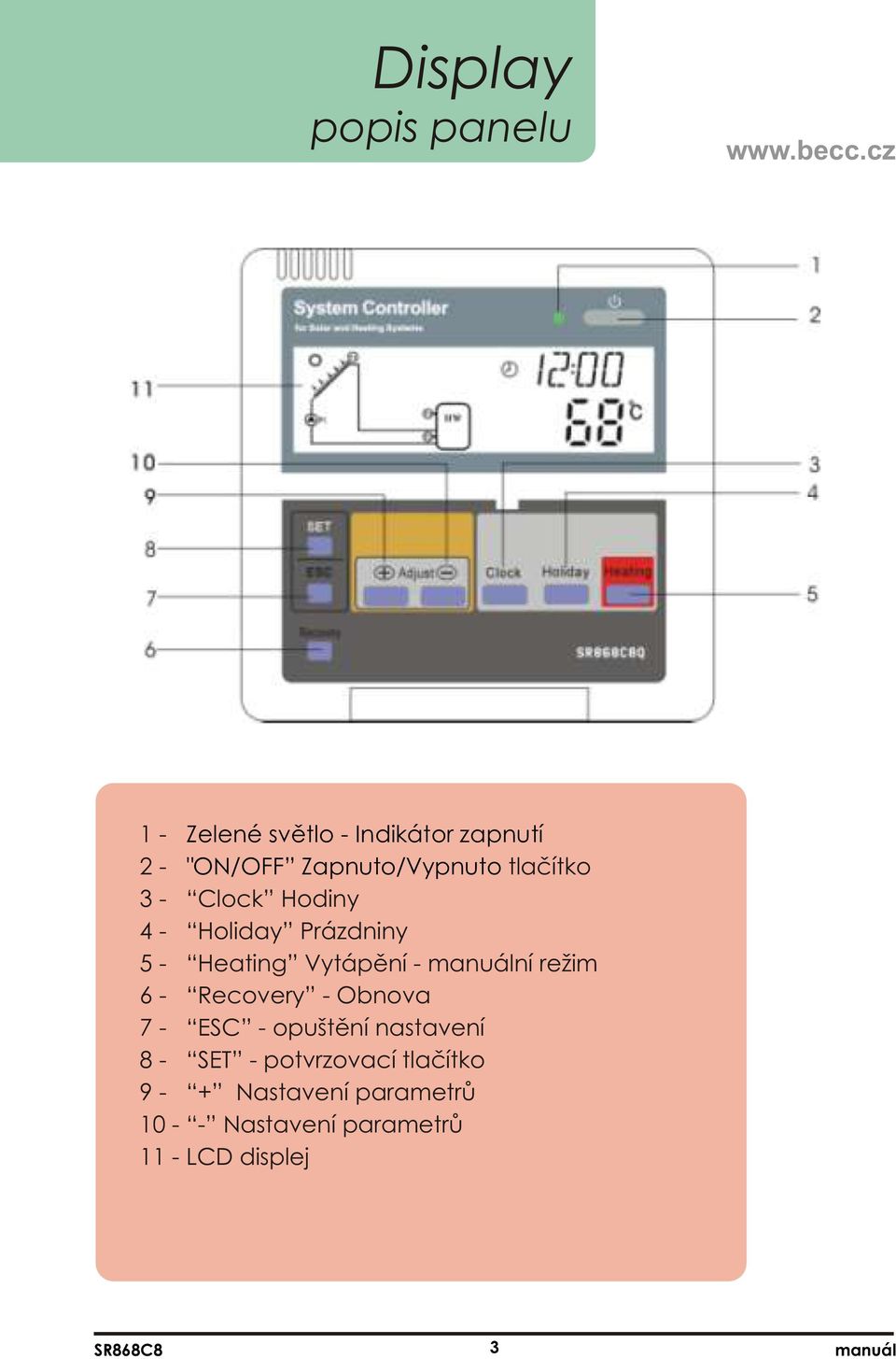 Vytápění - ní režim 6 - Recovery - Obnova 7 - ESC - opuštění nastavení 8 - SET