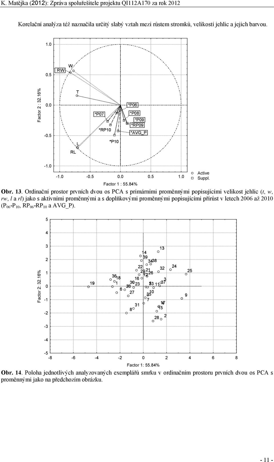 Ordinační prostor prvních dvou os PCA s primárními proměnnými popisujícími velikost jehlic (t, w, rw, l a rl) jako s aktivními proměnnými a s doplňkovými proměnnými popisujícími přírůst v letech 26