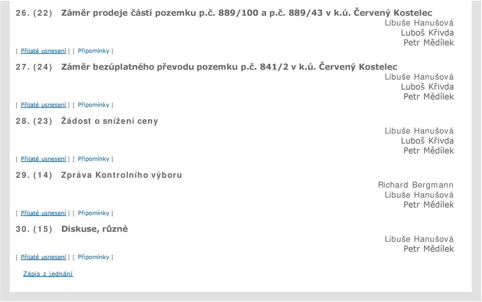 841/2 v k.ú. Červený Kostelec Libuše Hanušová Luboš Křivda 28. (23) Žádost o snížení ceny 29.