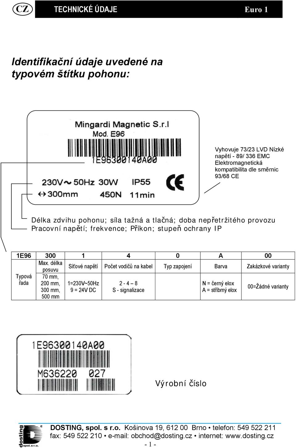 frekvence; Příkon; stupeň ochrany IP 1E96 300 1 4 0 A 00 Max.