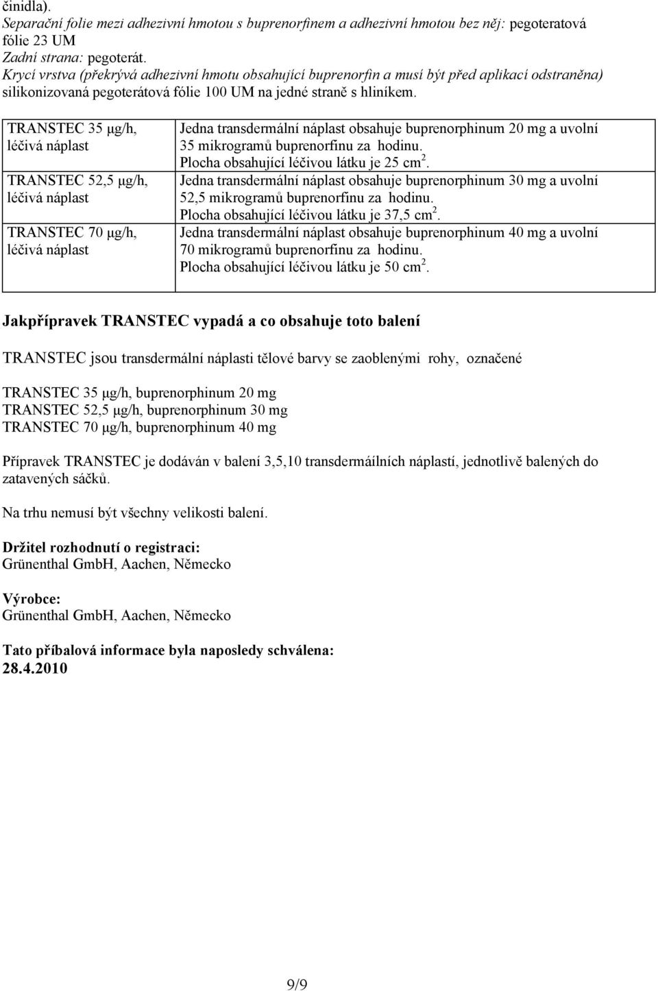 TRANSTEC 35 μg/h, léčivá náplast TRANSTEC 52,5 μg/h, léčivá náplast TRANSTEC 70 μg/h, léčivá náplast Jedna transdermální náplast obsahuje buprenorphinum 20 mg a uvolní 35 mikrogramů buprenorfinu za