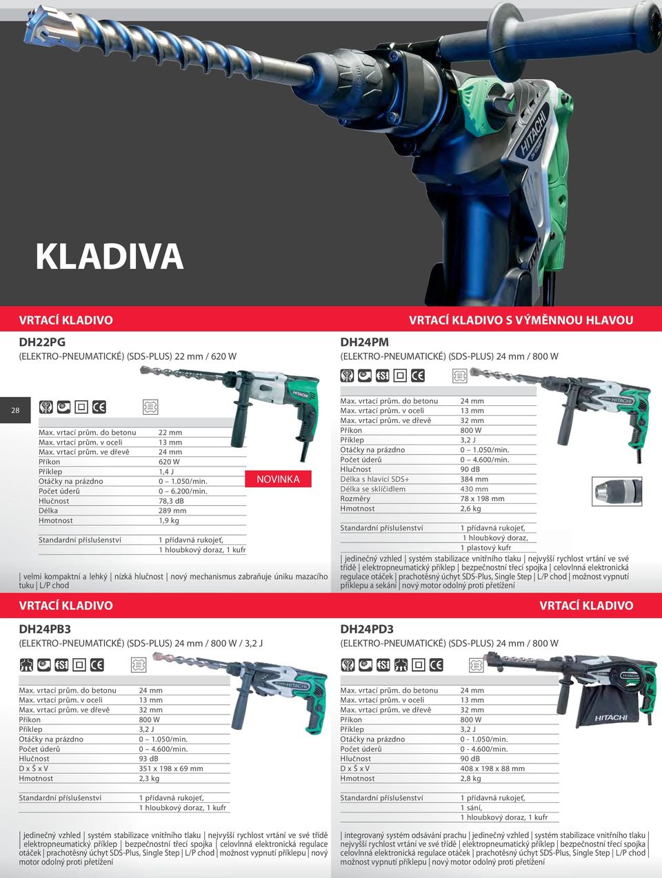 78,3 db 289 mm 1,9 kg 1 přídavná rukojeť, 1 hloubkový doraz, 1 kufr velmi kompaktní a lehký nízká hlučnost nový mechanismus zabraňuje úniku mazacího tuku L/P chod VRTACÍ KLADIVO DH24PB3