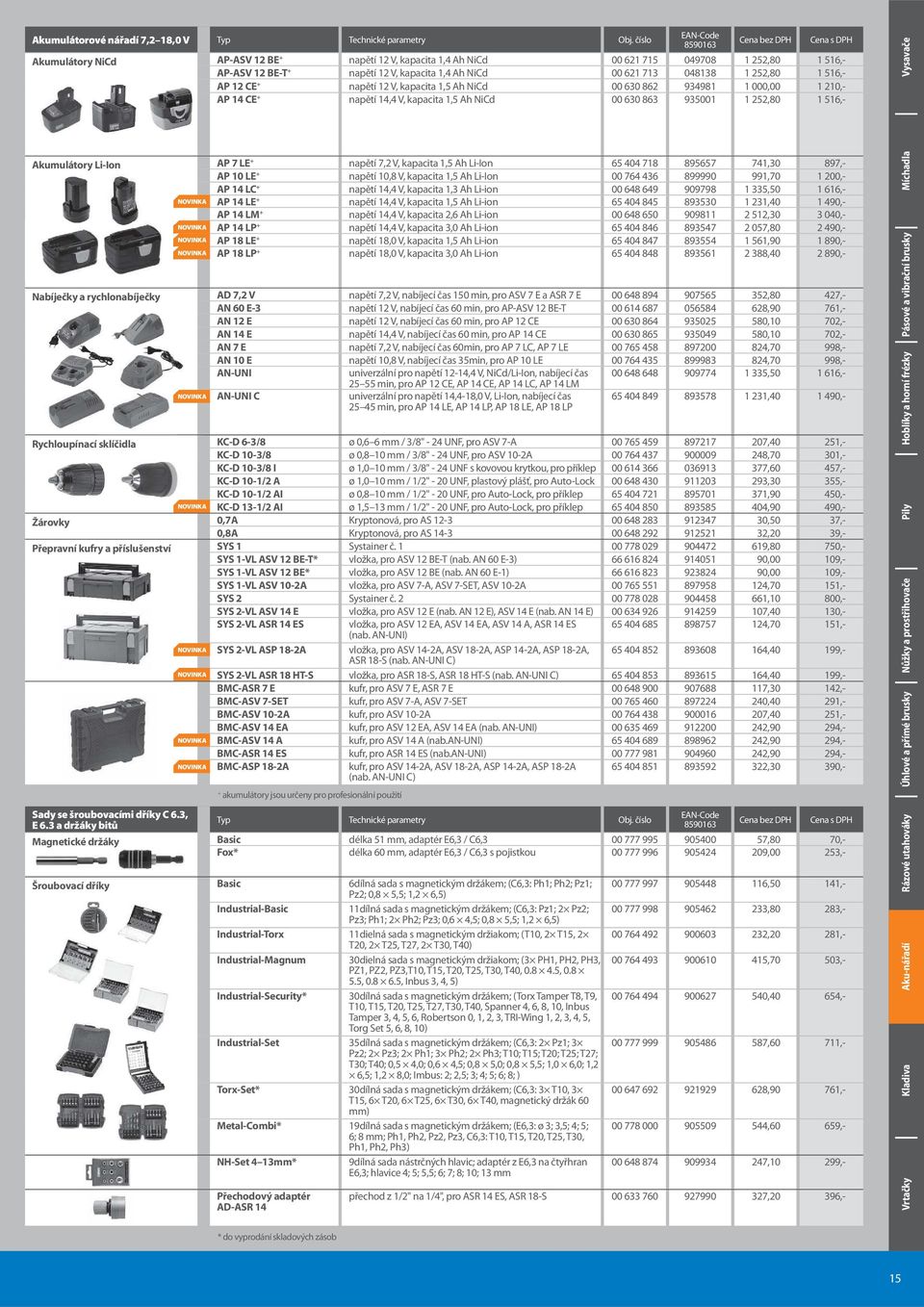 516,- Akumulátory Li-Ion AP 7 LE + napětí 7,2 V, kapacita 1,5 Ah Li-Ion 65 404 718 895657 741,30 897,- AP 10 LE + napětí 10,8 V, kapacita 1,5 Ah Li-Ion 00 764 436 899990 991,70 1 200,- AP 14 LC +