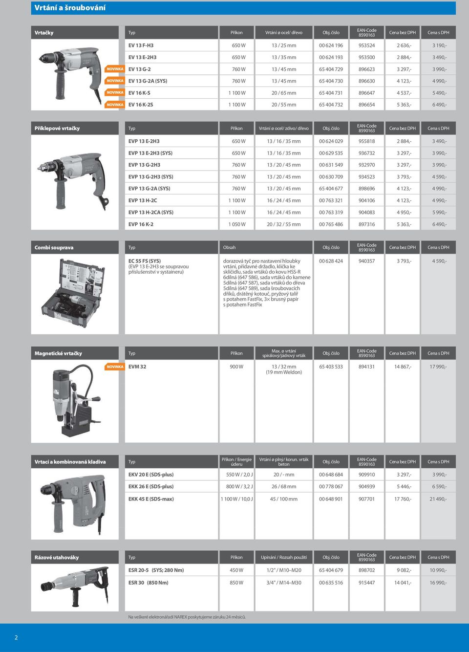 896654 5 363,- 6 490,- Příklepové vrtačky Typ Příkon Vrtání ø ocel/ zdivo/ dřevo EVP 13 E-2H3 650 W 13 / 16 / 35 00 624 029 955818 2 884,- 3 490,- EVP 13 E-2H3 (SYS) 650 W 13 / 16 / 35 00 629 535