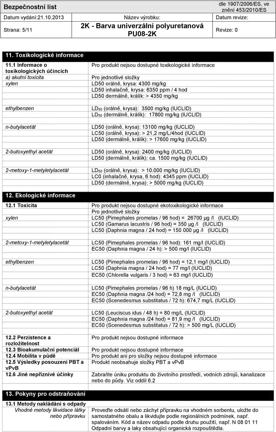 ppm / 4 hod LD50 dermálně, králík: > 4350 mg/kg ethylbenzen n-butylacetát 2-butoxyethyl acetát 2-metoxy-1-metyletylacetát LD50 (orálně, krysa): 3500 mg/kg (IUCLID) LD50 (dermálně, králík): 17800