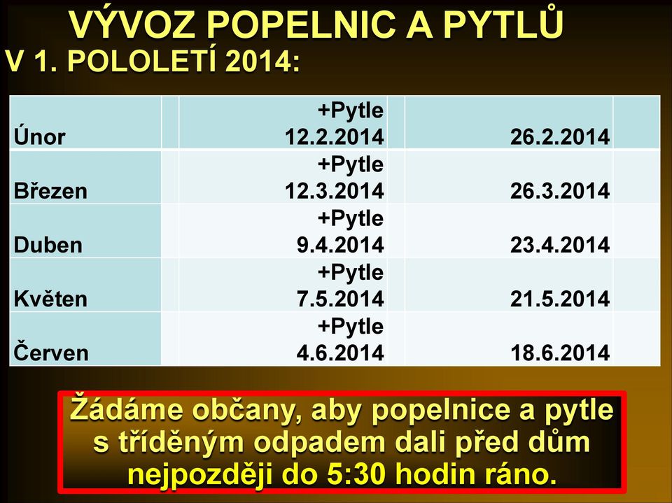 3.2014 26.3.2014 +Pytle 9.4.2014 23.4.2014 +Pytle 7.5.2014 21.5.2014 +Pytle 4.