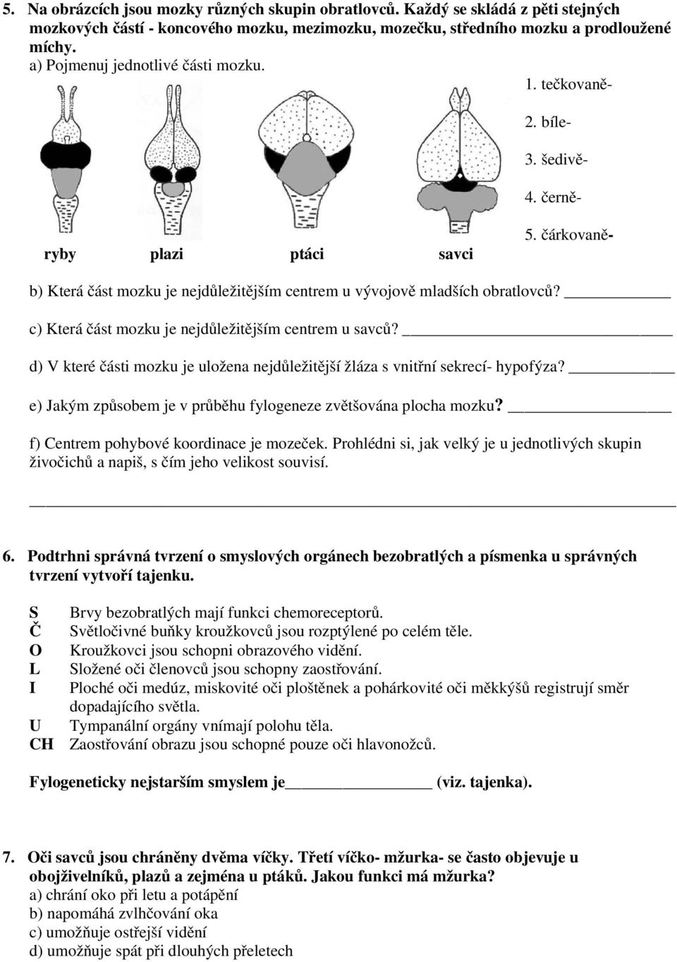 c) Která část mozku je nejdůležitějším centrem u savců? d) V které části mozku je uložena nejdůležitější žláza s vnitřní sekrecí- hypofýza?