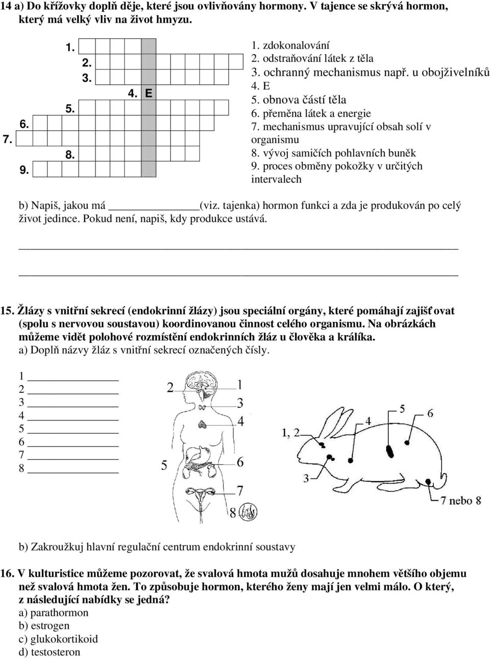 vývoj samičích pohlavních buněk 9. proces obměny pokožky v určitých intervalech b) Napiš, jakou má (viz. tajenka) hormon funkci a zda je produkován po celý život jedince.