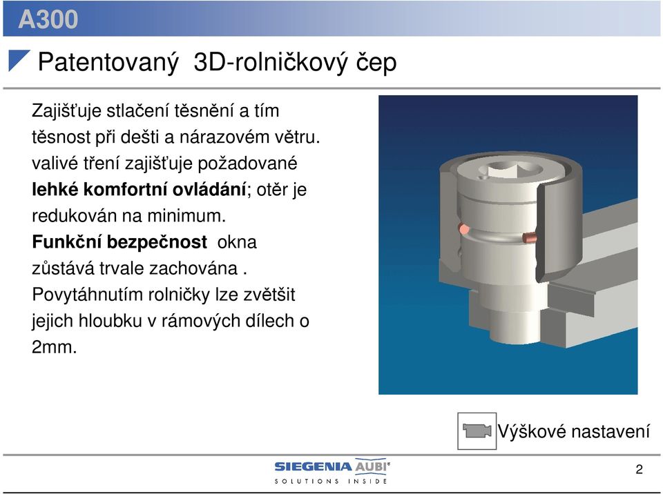 valivé tření zajišťuje požadované lehké komfortní ovládání; otěr je redukován na