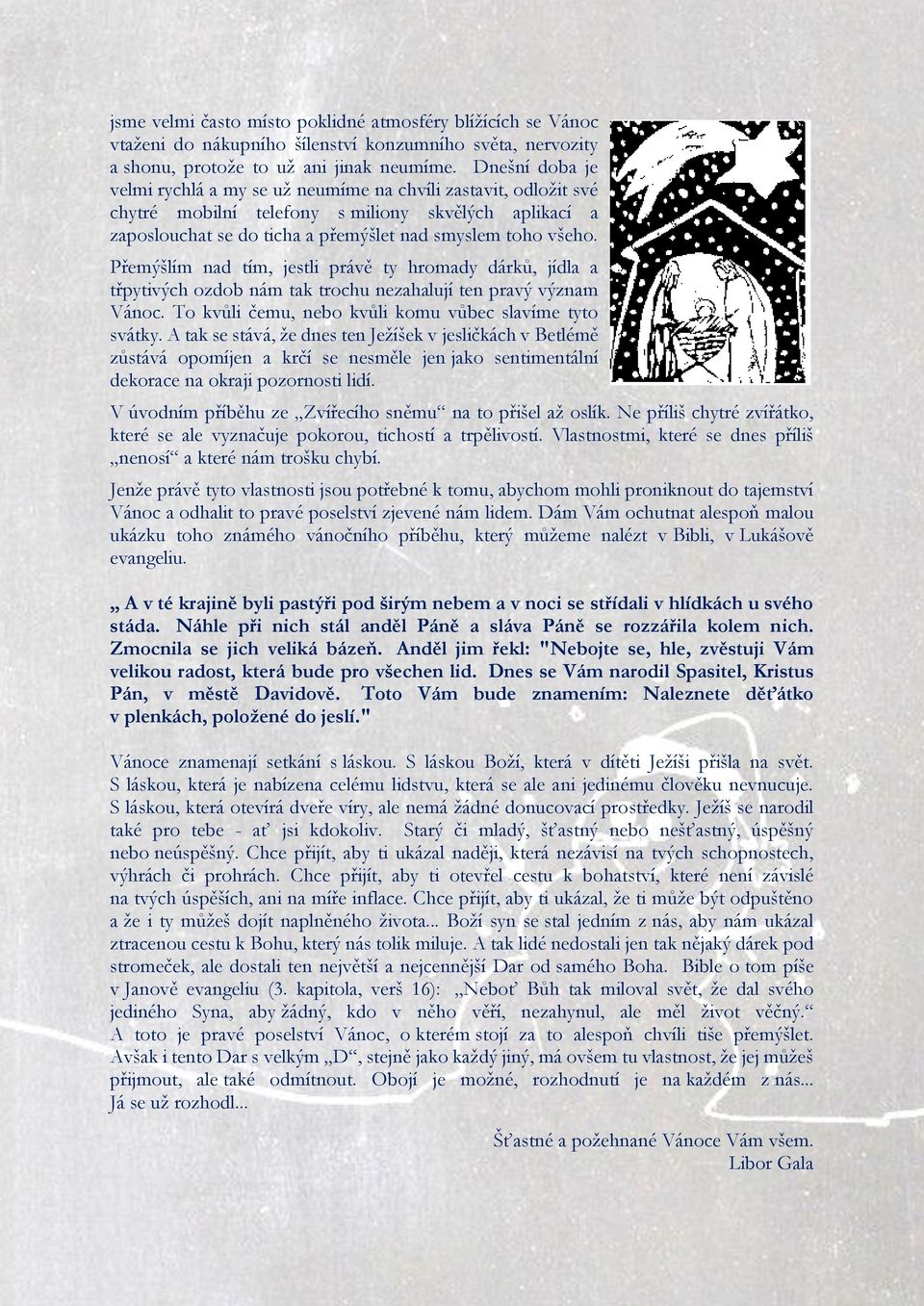 Přemýšlím nad tím, jestli právě ty hromady dárků, jídla a třpytivých ozdob nám tak trochu nezahalují ten pravý význam Vánoc. To kvůli čemu, nebo kvůli komu vůbec slavíme tyto svátky.
