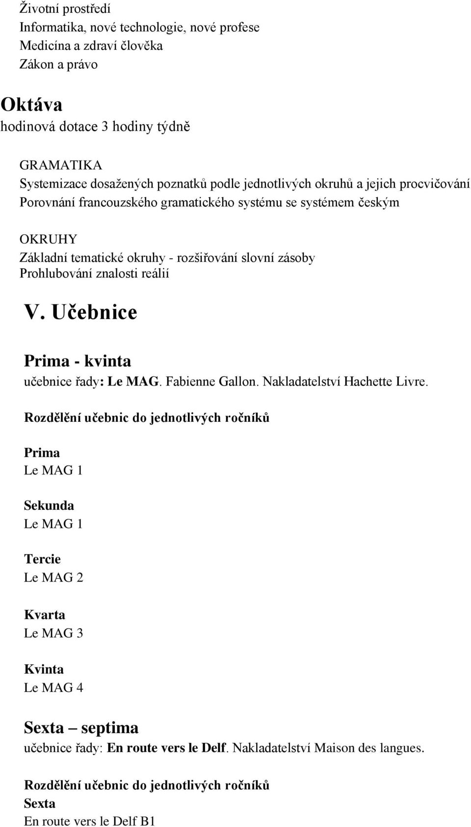 Učebnice Prima - kvinta učebnice řady: Le MAG. Fabienne Gallon. Nakladatelství Hachette Livre.