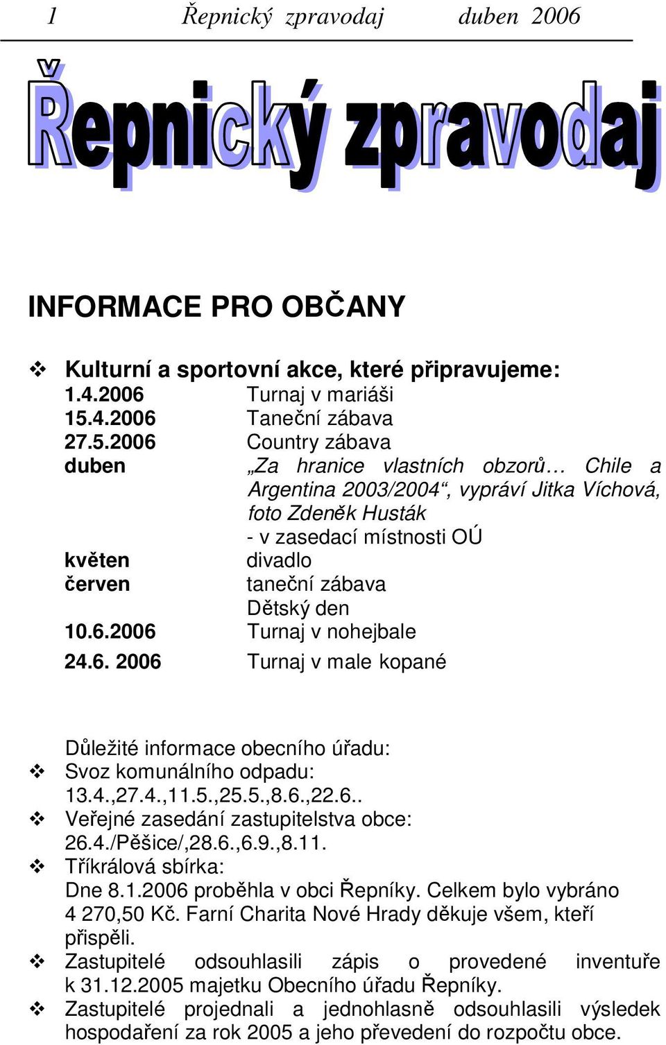 2006 Country zábava duben Za hranice vlastních obzorů Chile a Argentina 2003/2004, vypráví Jitka Víchová, foto Zdeněk Husták - v zasedací místnosti OÚ květen divadlo červen taneční zábava Dětský den