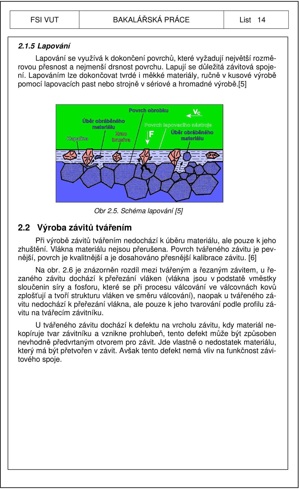 2.2 Výroba závitů tvářením Obr 2.5. Schéma lapování [5] Při výrobě závitů tvářením nedochází k úběru materiálu, ale pouze k jeho zhuštění. Vlákna materiálu nejsou přerušena.