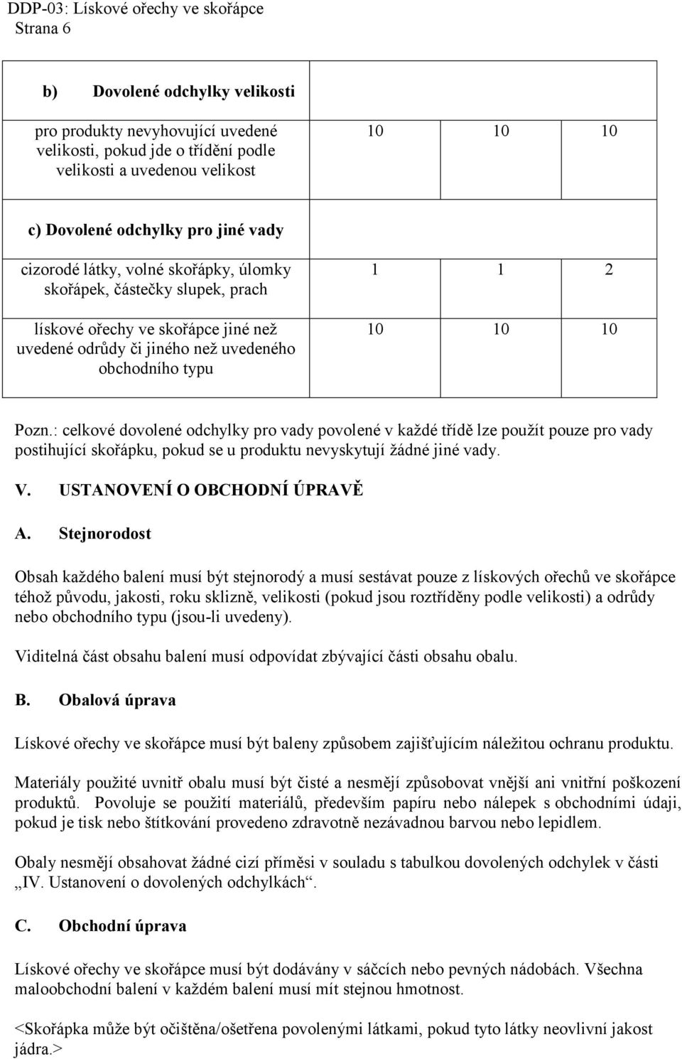 10 Pozn.: celkové dovolené odchylky pro vady povolené v každé třídě lze použít pouze pro vady postihující skořápku, pokud se u produktu nevyskytují žádné jiné vady. V. USTANOVENÍ O OBCHODNÍ ÚPRAVĚ A.