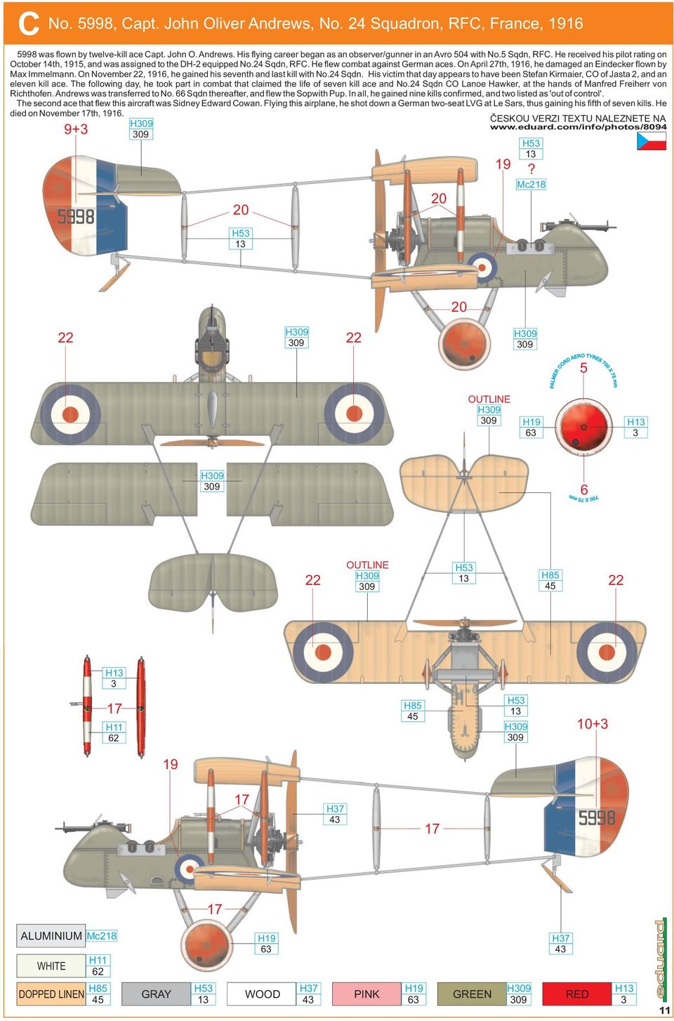 On April 27th, 96, he damaged an Eindecker flown by Max Immelmann. On November, 96, he gained his seventh and last kill with No.24 Sqdn.